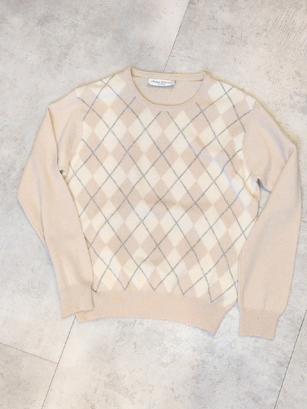 Beige Argyle Crewneck Sweater - Classic Women's Knit